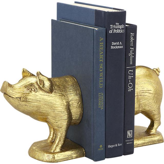 set of 2 gold pig bookends