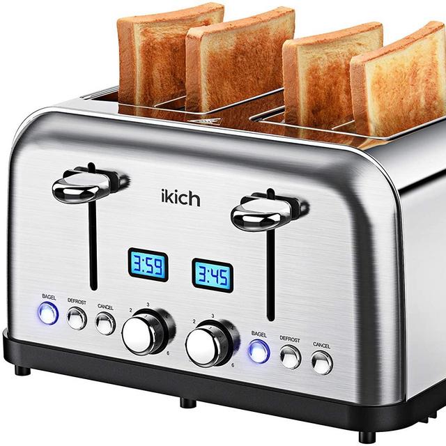 4 Slice Toaster, IKICH Prime Rated Toaster Stainless Steel [Digital Countdown] Toasters(6 Bread Shade Settings, Bagel/Defrost/Reheat/Cancel Function, 4 Slots, Removable Crumb Tray, 1500W)