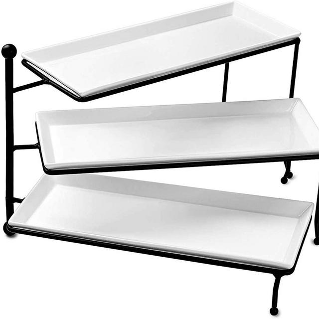 Sweese 731.101 3 Tiered Serving Stand, Foldable Rectangular Food Display Stand with White Porcelain Platters - Serving Trays for Parties