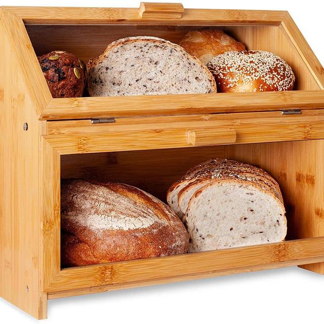 LAURA'S GREEN KITCHEN Extra Large Double Compartment Bread Box: Bamboo BreadBox w/Clear Windows- Rustic Farmhouse Style Bread Holder for Kitchen Countertop - Double Layer Bread Storage (Self-Assembly)