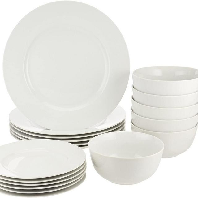 Amazon Basics 18-Piece Kitchen Dinnerware Set, Dishes, Bowls, Service for 6, White