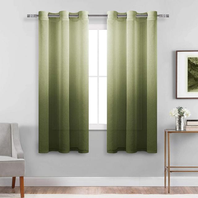 DWCN Faux Linen Ombre Sheer Curtains - Gradient Semi Voile Drapes Bedroom and Living Room Curtains, Set of 2 Grommet Top Window Curtain Panels, 42 x 63 Inch Length, Olive Green