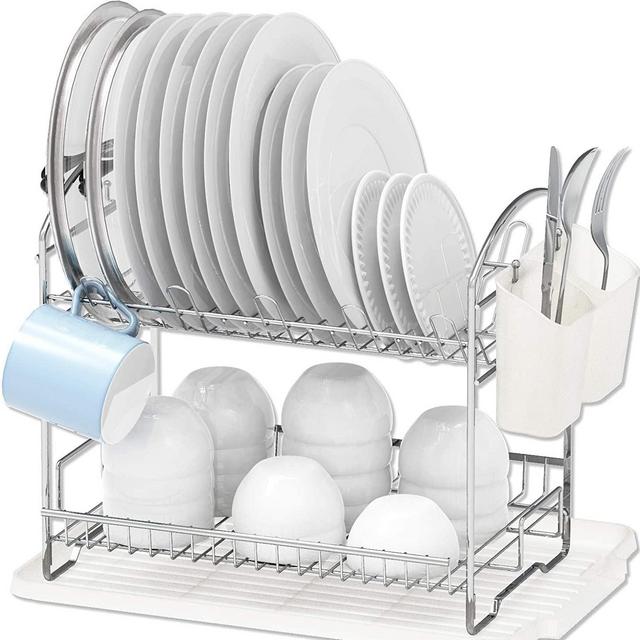 Simple Houseware 2-Tier Dish Rack with Drainboard, Chrome
