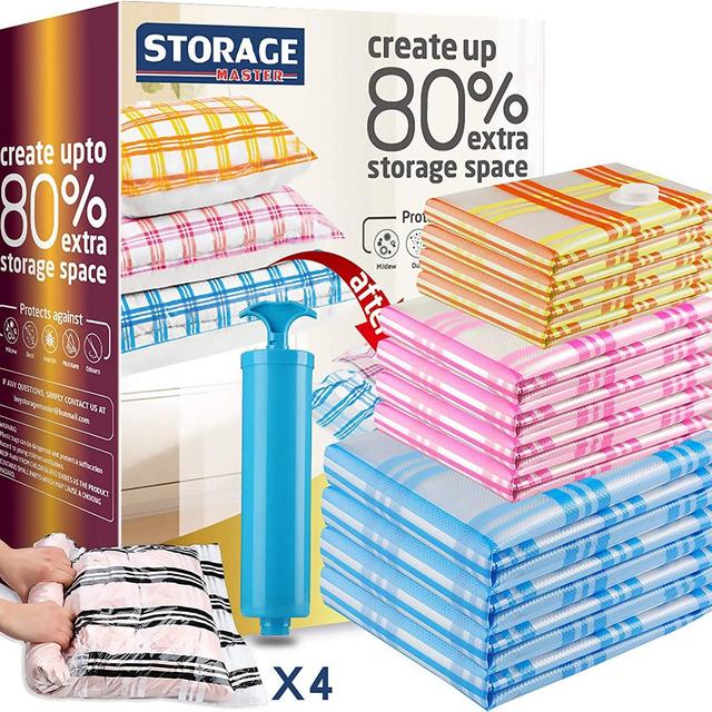 Storage Master 16 Vacuum Storage Bags, Space Saver Bags, 16-Pack (4 Jumbo, 4 Large, 4 Medium, 4 Roll-Up) with Hand Pump (16-Combo)