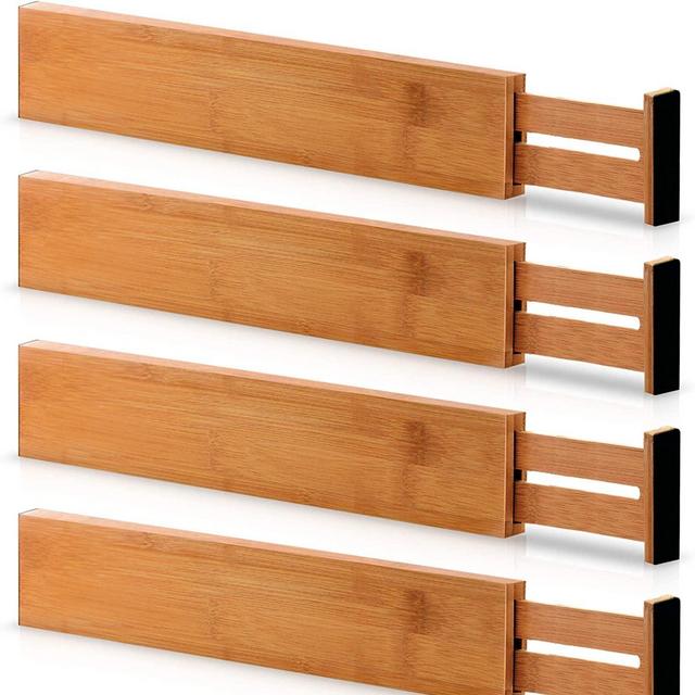 Extra-Large Bamboo Adjustable Drawer Dividers - Expandable (2.6 Tall, 17.5 - 22 Inch) Kitchen Utensil Organizer Separators for Kitchen, Dresser, Bedroom, Baby Drawer, Bathroom & Office, Set of 4 (Natural)