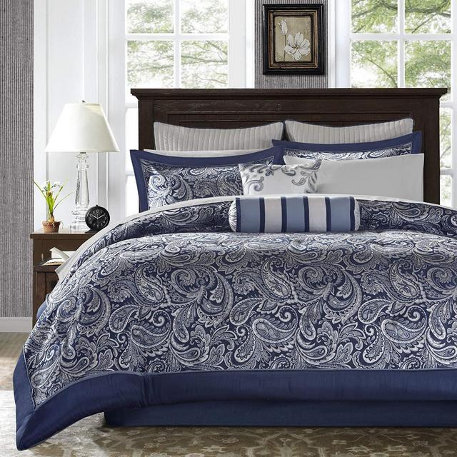 Madison Park Aubrey King Size Bed Comforter Set Bed In A Bag - Navy, Grey , Paisley Jacquard – 12 Pieces Bedding Sets – Ultra Soft Microfiber Bedroom Comforters