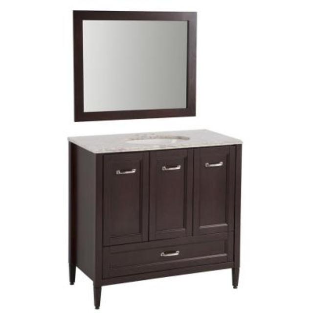 Claxby 36 in. Vanity in Chocolate with Stone Effects Vanity Top in Winter Mist and Wall Mirror