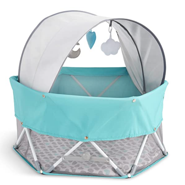Regalo On-The-Go Baby My Play, Portable Play Yard, and Activity Mat, Indoor & Outdoor, Includes UPF Canopy with Toys, Padded Bottom and Carry Case