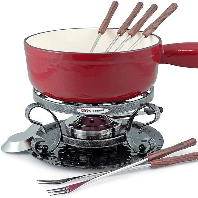 Swissmar Lugano 2-Quart Cast Iron Cheese Fondue Set, 9-Piece, Cherry Red