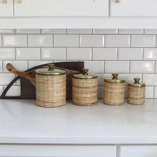 Rattan Wrapped Stainless Steel Canisters with Brass Finish Set of 4