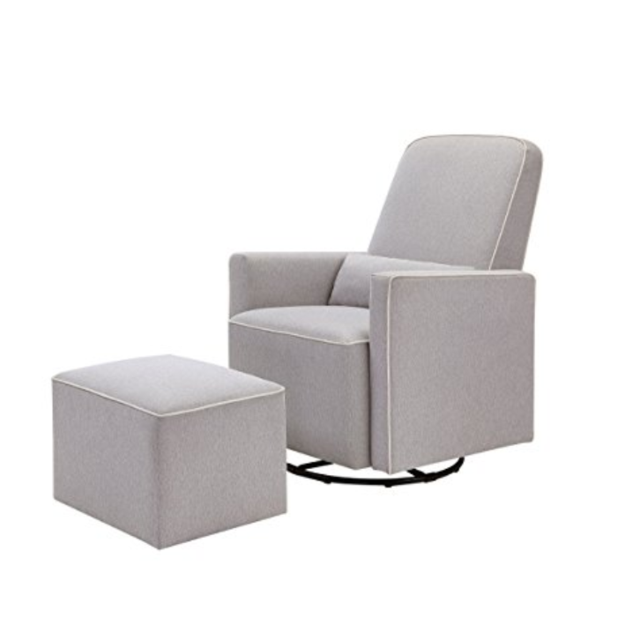 DaVinci Olive Upholstered Swivel Glider and Ottoman, Grey with Cream Piping