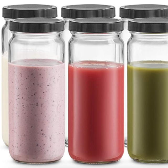Travel Glass Drinking Bottle Mason Jar 16 Ounce [6-Pack] Plastic Airtight Lids, Reusable Glass Water Bottle for Juicing, Smoothies, Kombucha, Tea, Milk Bottles, Homemade Beverages Bottle,