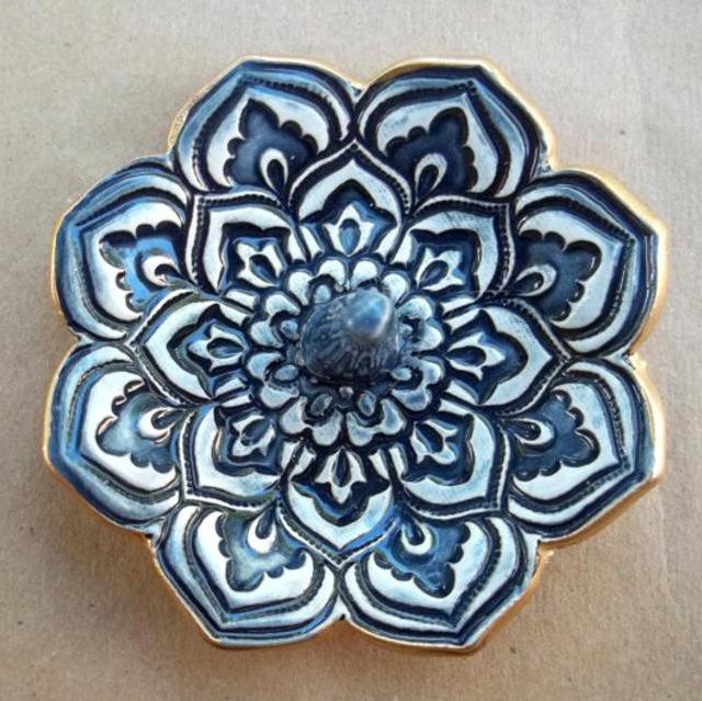 Navy Blue Lotus Ring Holder Bowl Ring Dish gold edged