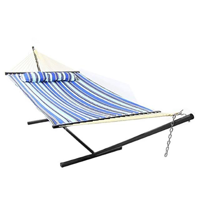 Sunnydaze Catalina Beach Quilted Double Hammock with Stand 2 Person, Spreader Bar and Pillow