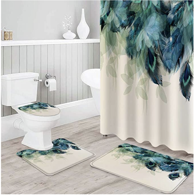 Set of 4 Shower Curtain and Bath Mat Set, Peacock Feather Bathroom Curtain and Rug Set with 12 Hooks, 66x72 inch Waterproof Shower Curtains for Bath Room Teal Blue Turquoise Floral Green Leaf