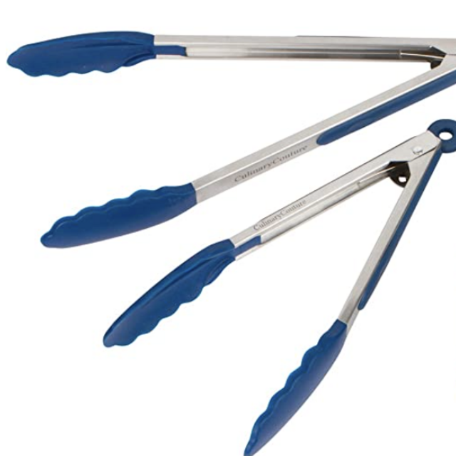 Blue Silicone Cooking Feeding Tongs - Set Of 3 Kitchen Tongs-7, 9, 12" - Ideal For Bbq, Grill, Oven Baking, Salad Steak Vegetable Pasta Fish Serving| Bonus Ebook| Stainless Steel W/Silicone Tips