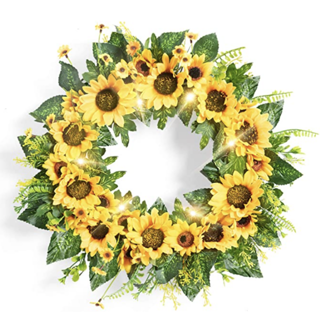 Rocinha Sunflower Wreaths for Front Door Decor 18'' Artificial Summer Floral Wreath with Green Leaf, Large Lighted Spring Wreath for Door, Window, Outdoor, Farmhouse Home Decor