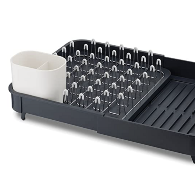 Expandable Dish Drying Rack and Drainboard Set Foldaway Integrated Spout Drainer Removable Steel Rack and Cutlery Holder, Gray