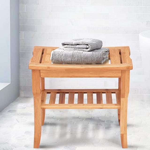 Bamboo Shower Bench Seat with Storage Shelf, Shower Spa Chair Seat Bench Organizer Stool for Indoor or Outdoor