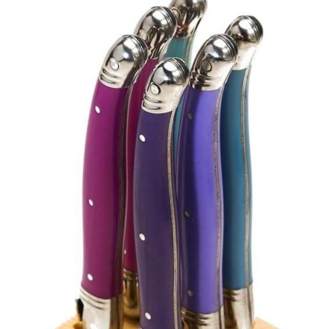 Jean Dubost 6 Steak Knives with Provence Purple Handles in a Wood Block