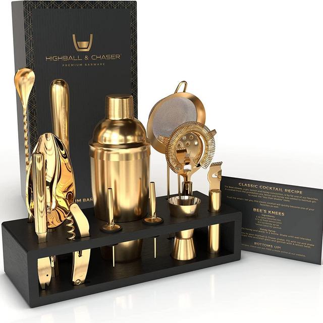 Highball & Chaser Bartender Kit with Espresso Bamboo Stand. Beautiful Cobbler Cocktail Shaker Set with Bar Tools Rustproof Stainless Steel Bar Set (Matte Gold)