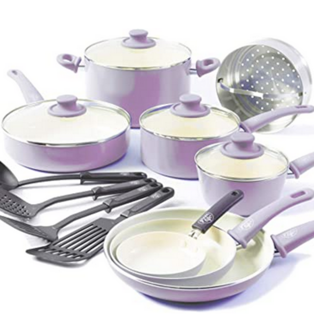 GreenLife CC001792-001 Soft Grip 16 Piece Ceramic Non-Stick Cookware Set, Lavender