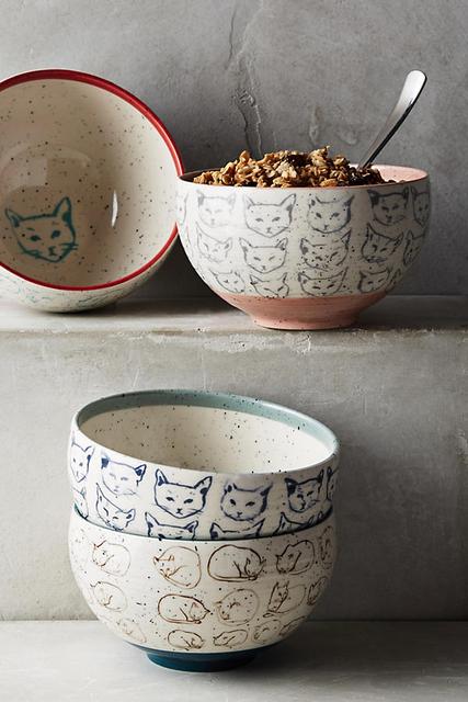 Cat Study Bowl in Turquoise, Red, Pink and Sky Blue