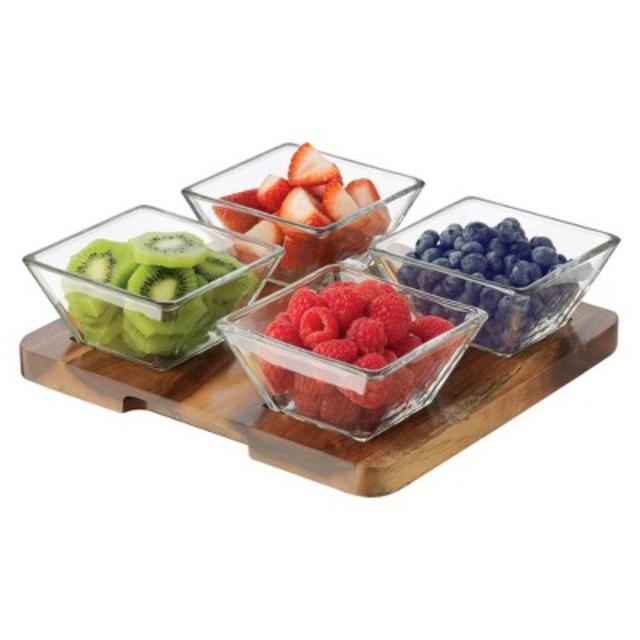 Product description page - Libbey 5 Piece Square Acaciawood Relish Set