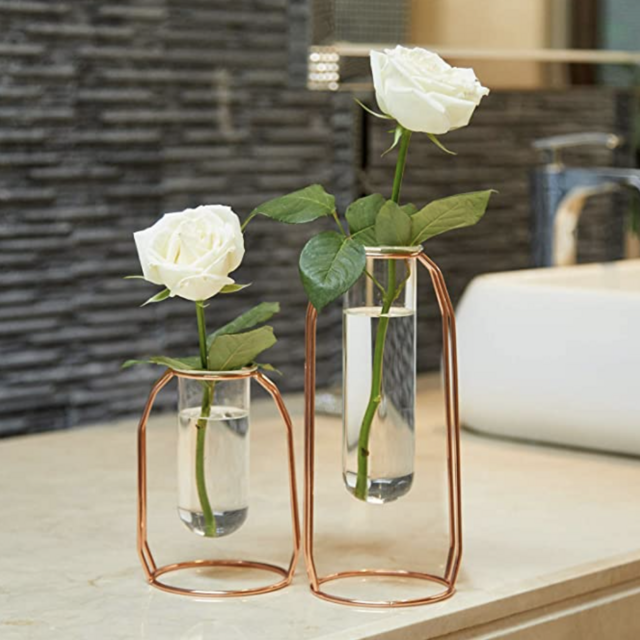 PuTwo Vases Set of 2 Metal Flower Vase Glass Vase Planter Terrariums Gold Vases Rose Gold Vase Plant Vase Glass Vases Cylinder Vase Vases for Decor Clear Vase Decorations for Living Room - Rose Gold