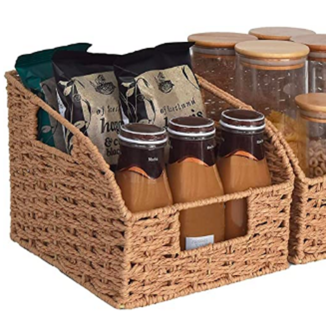 StorageWorks Round Paper Rope Storage Baskets with Built-in Handles, Hand Woven Baskets for Organizing, Light Brown, 8.7" L x 9.8" W x 7.5" H, 2-Pack