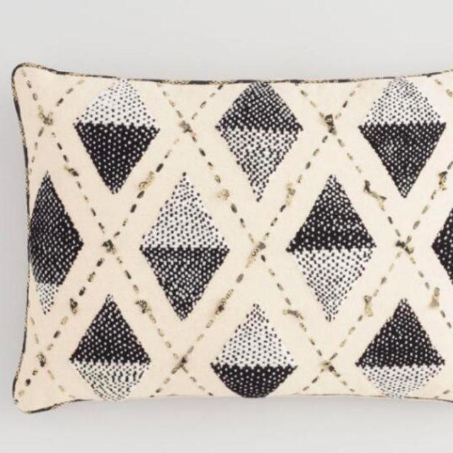Black and Ivory Embroidered Diamond Lumbar Pillow