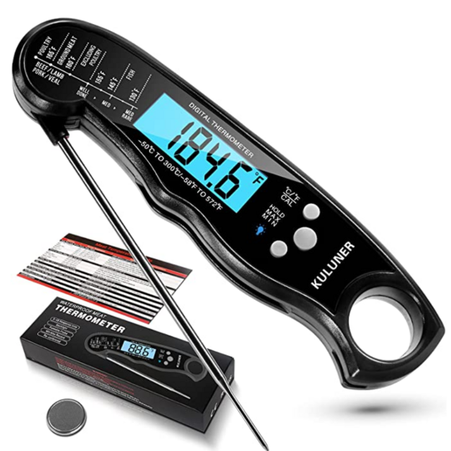 KULUNER TP-01 Waterproof Digital Instant Read Meat Thermometer with 4.6” Folding Probe Backlight & Calibration Function for Cooking Food Candy, BBQ Grill, Liquids,Beef(Black)