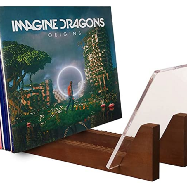 KAIU Vinyl Record Storage Holder - Stacks up to 50 Albums, 7 or 12 inch LPs - Solid Wood Organizer with Clear Acrylic Ends - Modern Portable Record Stand for Record Lovers- Vintage Brown