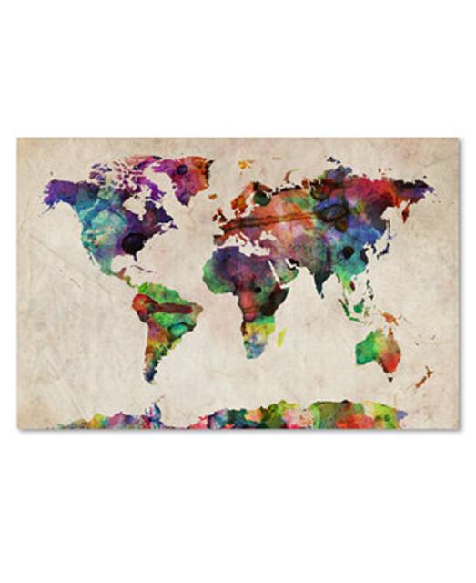 'Urban Watercolor World Map' Canvas Print by Michael Tompsett, 22" x 32"