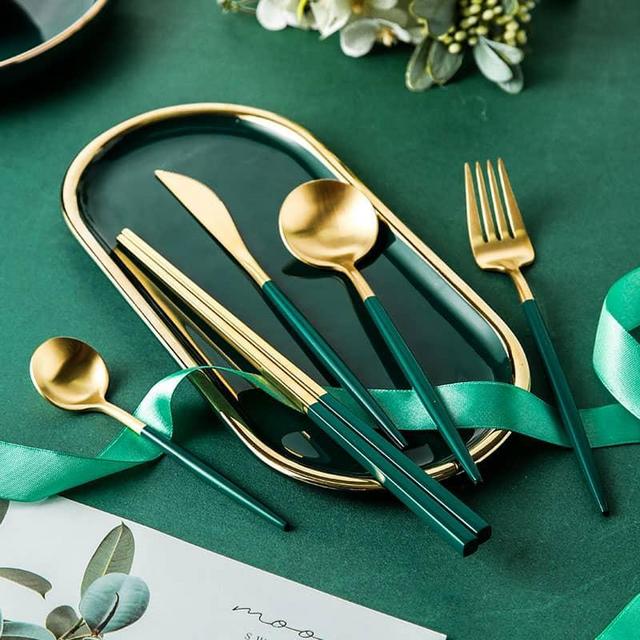 Gold Flatware Green Handle by ROSSETA | PREMIUM Stainless Steel