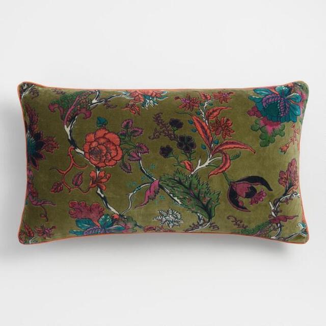 Green Floral Velvet Lumbar Pillow