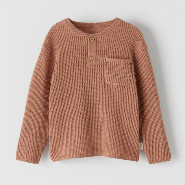 WAFFLE KNIT HENLEY SWEATER