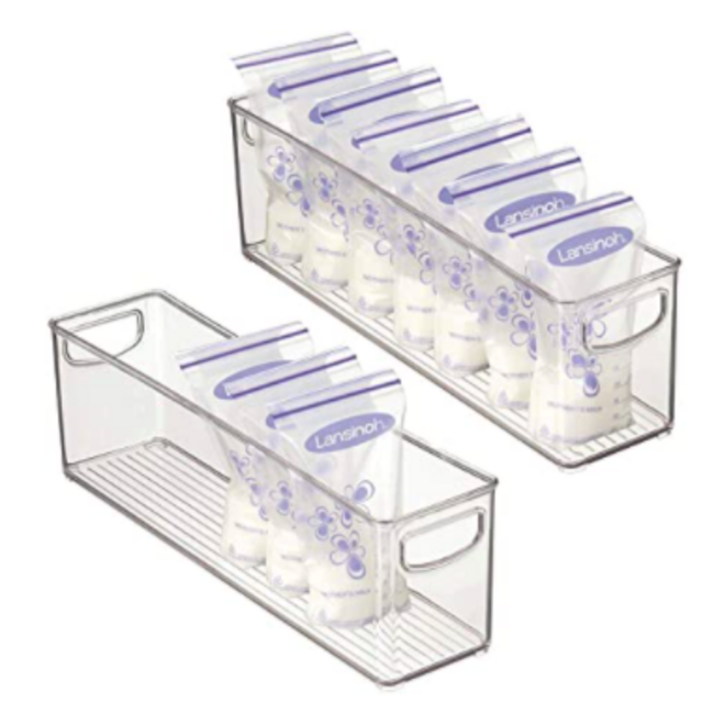 mDesign Storage Organizer Bins for Breast Milk Pouches - 16" Long, 2 Pack - Clear