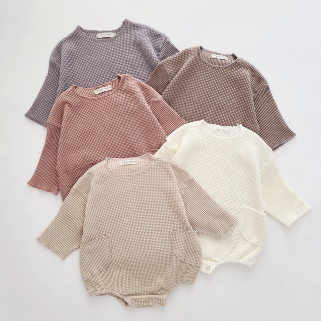 Baby Anggo Long Sleeve Double Pocket Waffle Romper (3-18m) - 5 Colors