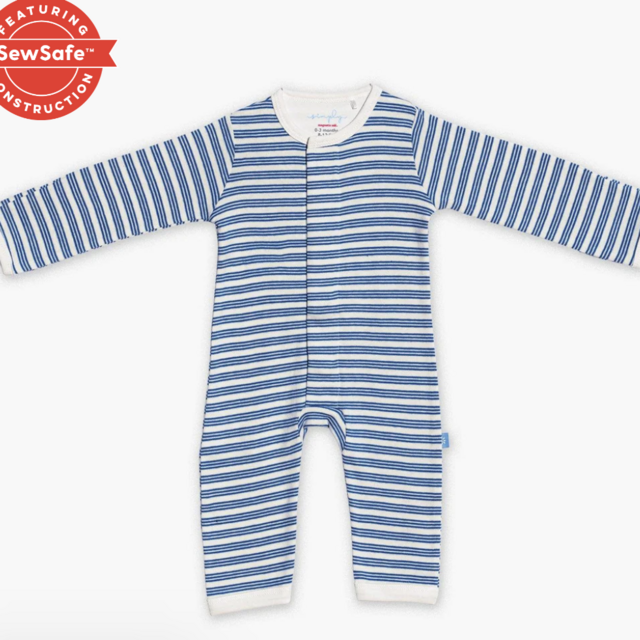 blue yarn-dye stripe organic cotton magnetic coverall