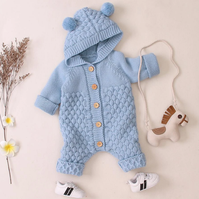 Knitted Pom Pom Romper- Blue