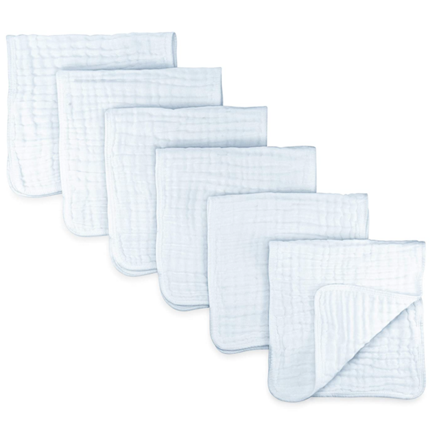 Muslin Burp Cloths 6 Pack Large 100% Cotton Hand Washcloths (White, Pack of 6)