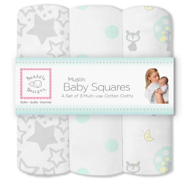 SwaddleDesigns Muslin Squares, Woodland Fun (Set of 3 in SeaCrystal)