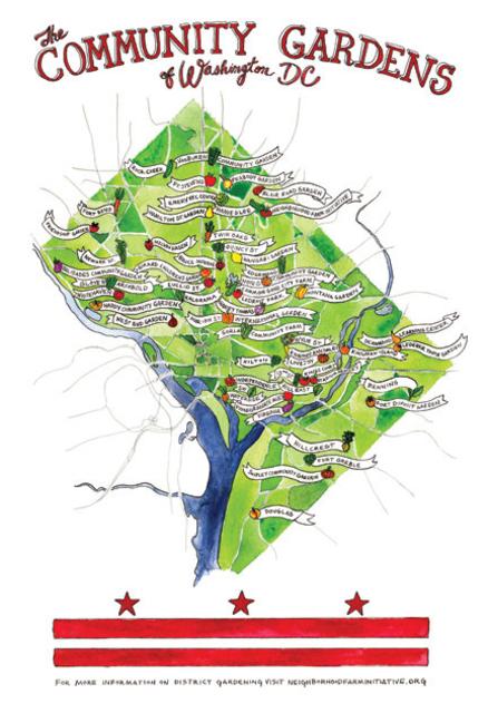 DC Community Gardens Map - Watercolor Print 9"x12"