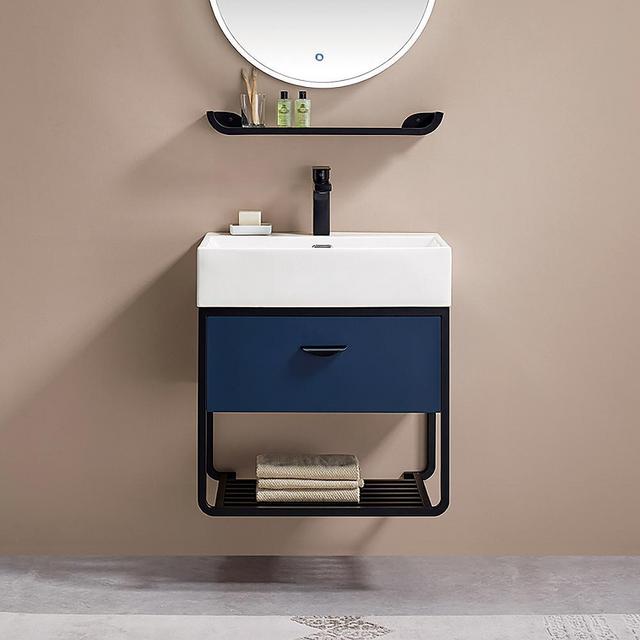 23.6" Blue Floating Bathroom Vanity Single Ceramic Undermount 1 Drawer 1 Shelf
