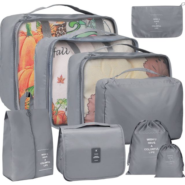 9 Set Packing Cubes for Suitcases, kingdalux Grey Travel Luggage Packing Organizers with Laundry Bag, Compression Storage Shoe Bag, Makeup Bag, Clothing Underwear Bag, for Man & Woman
