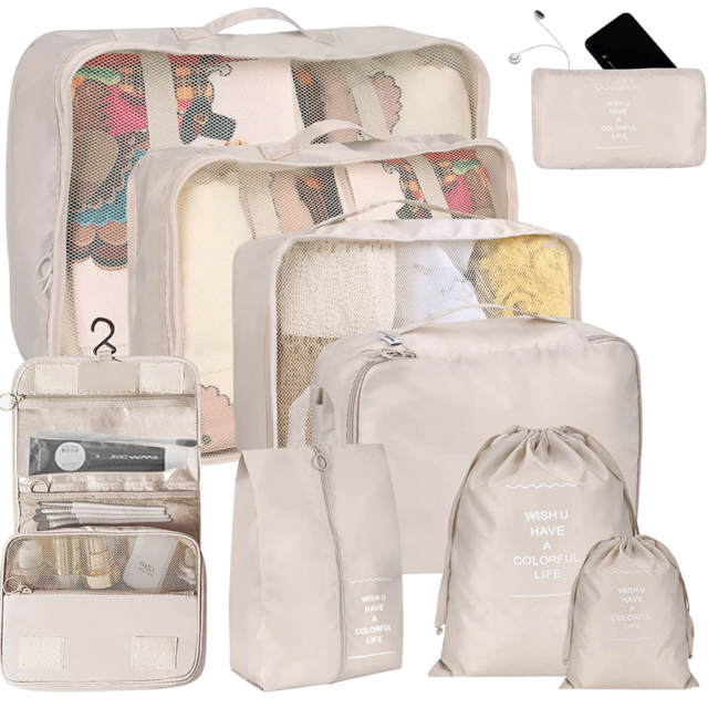 9 Set Packing Cubes for Suitcases, kingdalux Travel Luggage Packing Organizers with Laundry Bag, Compression Storage Shoe Bag, Makeup Bag, Clothing Underwear Bag, for Man & Woman