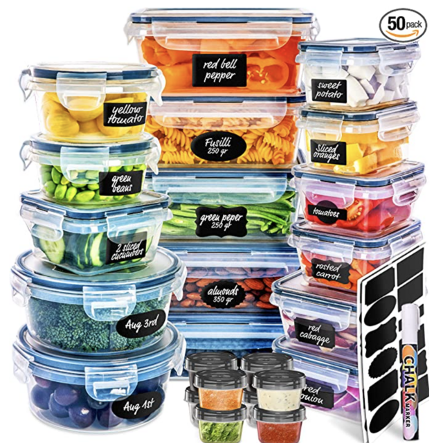 Fullstar 50-piece Food storage Containers Set with Lids, Plastic Leak-Proof BPA-Free Containers for Kitchen Organization, Meal Prep, Lunch Containers (Includes Labels & Pen)