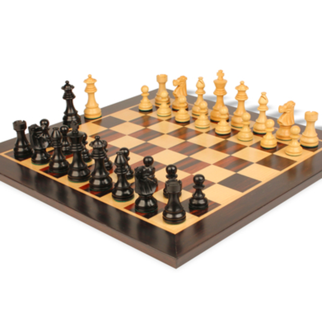 French Lardy Staunton Chess Set Ebonized & Boxwood Pieces with Classic Macassar Ebony Chess Board - 3.25" King