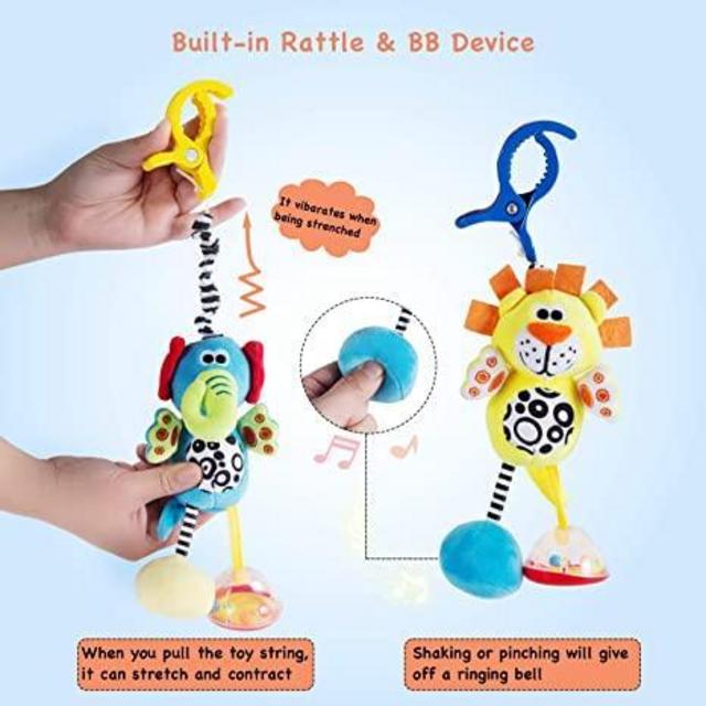 Raneylity - 2 Pack Colorful Animal Rattle Toys with Sound - Hanging Plush Toy Clip on for 3-12 Months